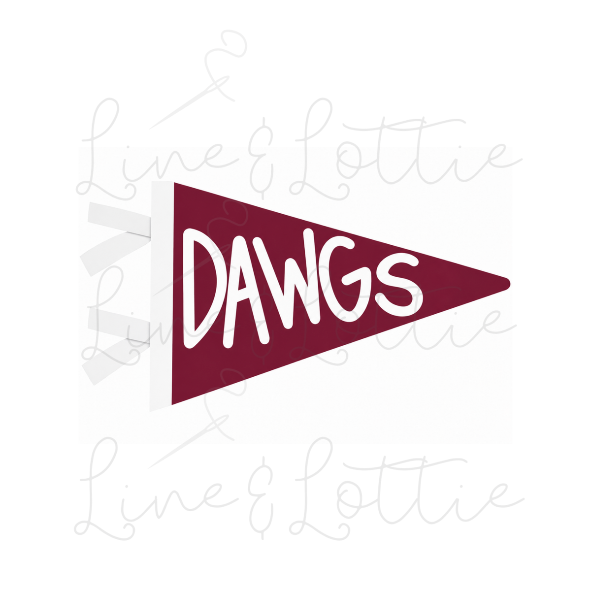 A maroon triangular pennant flag with the word 'DAWGS' in white across the front, shown on a white background with a faint 'Line & Lottie' watermark.