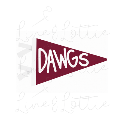 A maroon triangular pennant flag with the word 'DAWGS' in white across the front, shown on a white background with a faint 'Line & Lottie' watermark.
