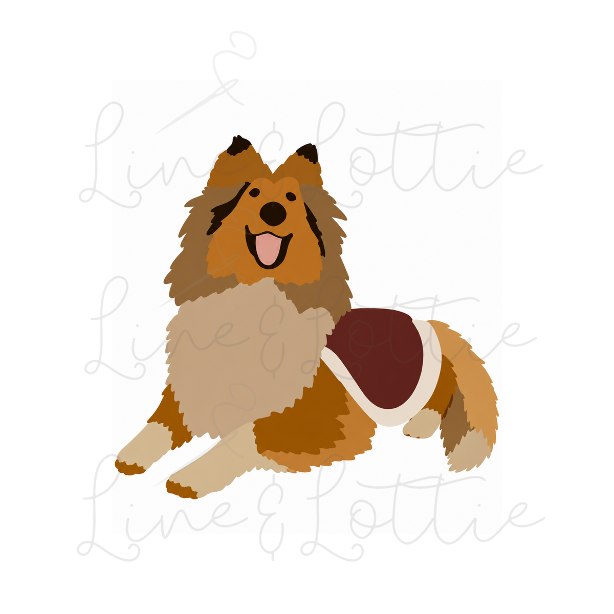 A stylized illustration of a fluffy brown and cream dog wearing a dark red and cream saddle pad, set against a white background with a faint repeating watermark.