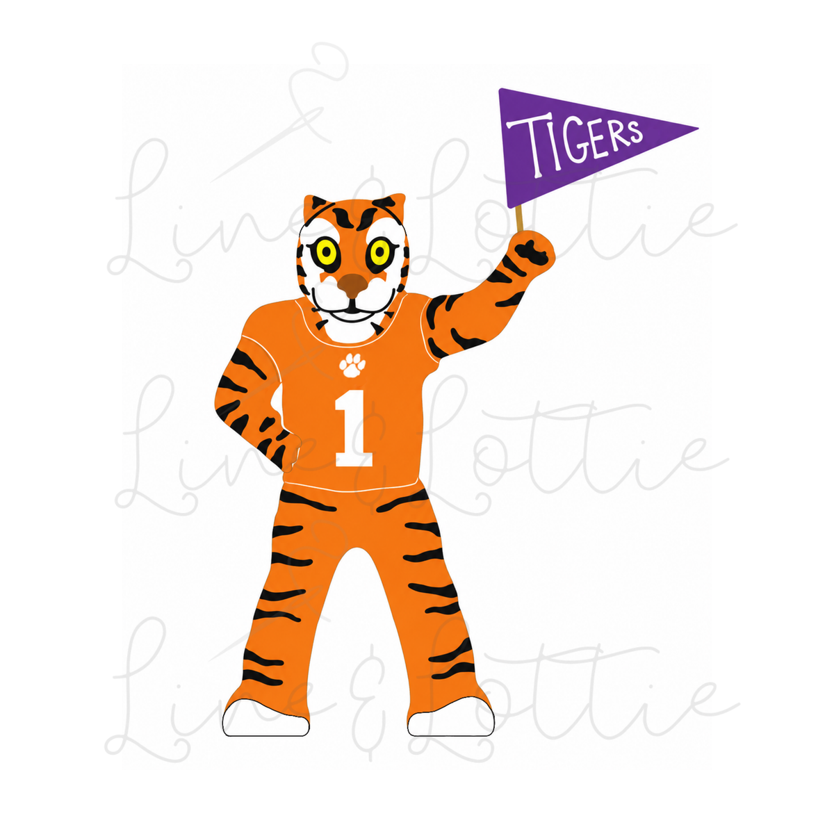 A cartoon tiger mascot wearing an orange jersey with black stripes and the number 1, holding a purple pennant that says TIGERS. The design is shown on a white background with faint script watermarks.
