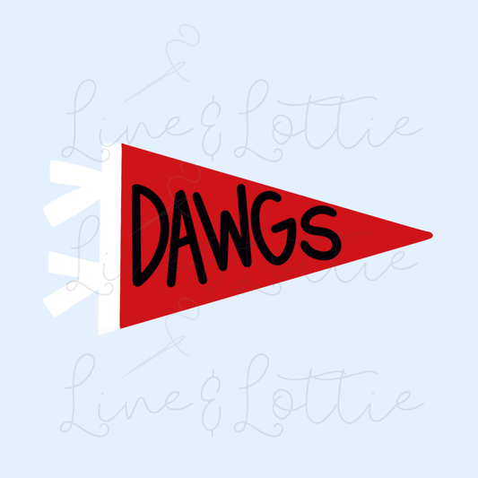 A red triangular pennant flag with the word 'DAWGS' in black lettering, attached to a white pole, shown on a pale blue background with a faint 'Line & Lottie' watermark.