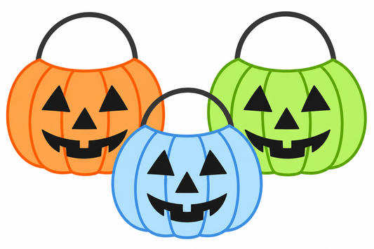Three cartoon jack-o'-lantern trick-or-treat bucket bags in orange, light blue, and light green.